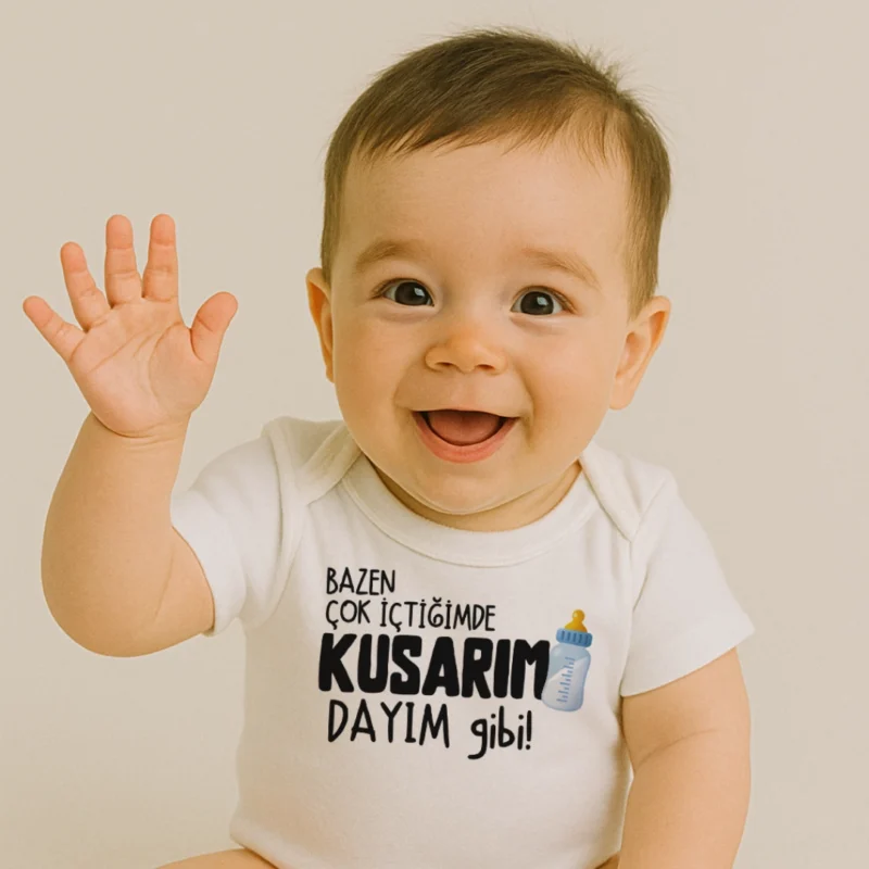 Bazen Çok İçtiğimde Kusarım Dayım Gibi Mavi Biberon Baskılı Zıbın