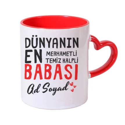 Dünyanın En Merhametli Babası Baskılı Kırmızı Kalp Kulplu Kupa