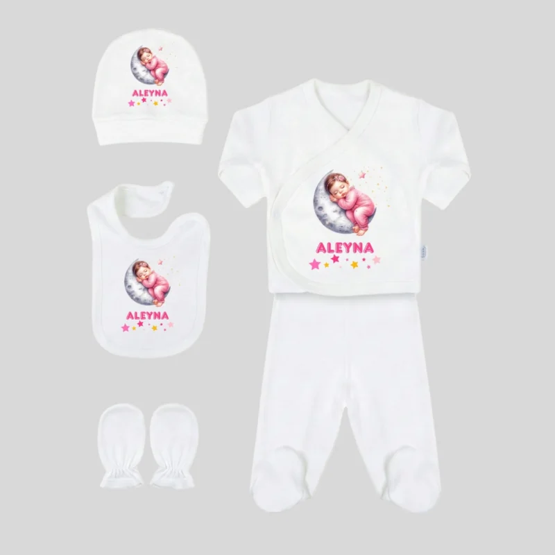 5li Hastane Cikis Seti Kiz Bebek Ay Motifli