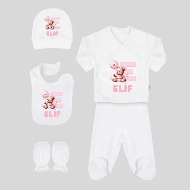 5li Hastane Cikis Seti Pembe Ayicik ve Balon Baskili