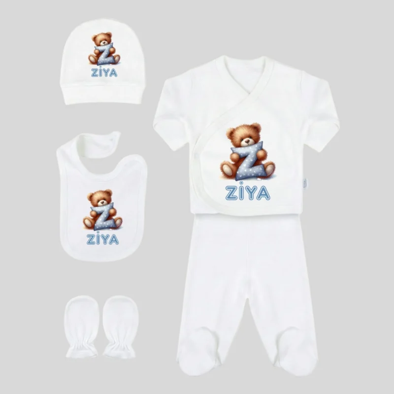 5li Hastane Cikis Seti Sevimli Ayicik ve Harf Yastik Baskili