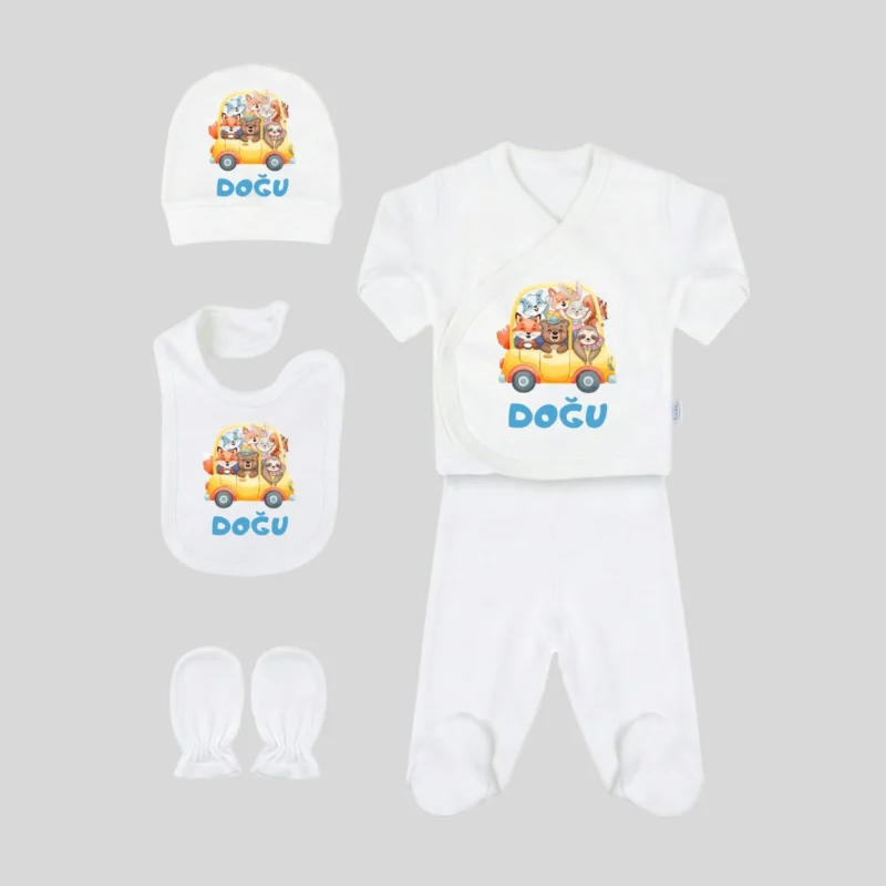 5li Hastane Cikis Seti Sevimli Hayvanlar Araba Desenli