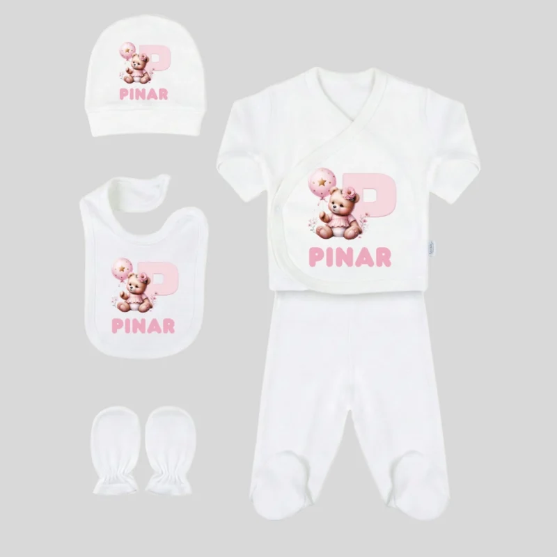 Harfli Pembe Ayicik Desenli 5li Hastane Cikis Seti