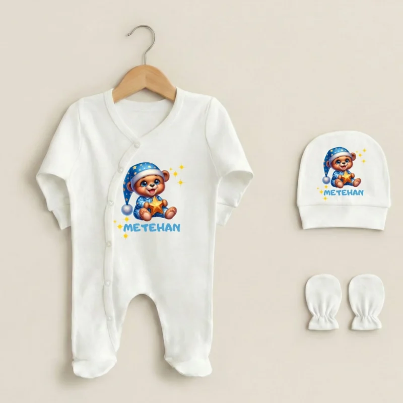 Pijamali Ayicik Baskili 3lu Bebek Tulumu