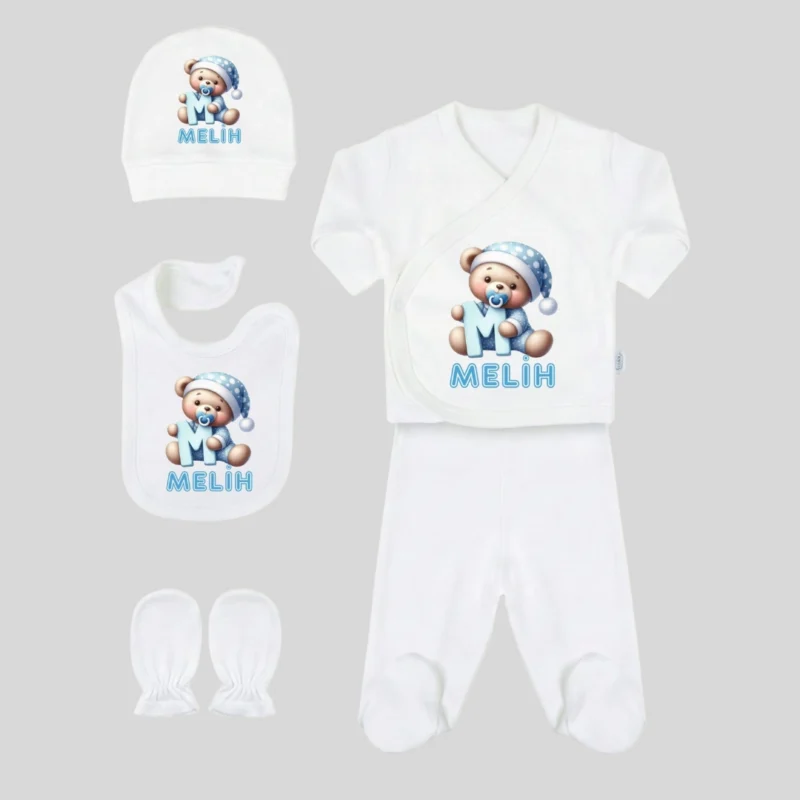 Sapkali Ayicik ve Harf Baskili 5li Hastane Cikis Seti