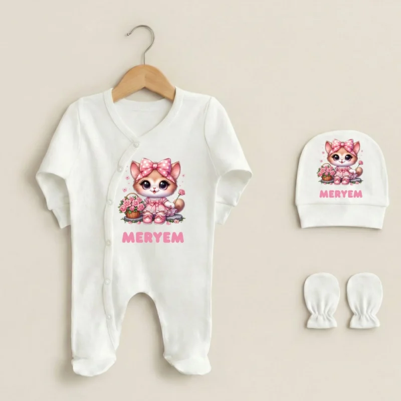 Sevimli Bahcivan Kedicik Baskili 3lu Bebek Tulumu