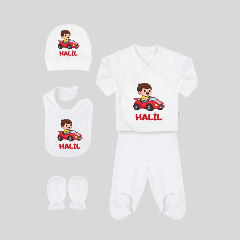 Sevimli Cocuk ve Araba Baskili 5li Hastane Cikis Seti
