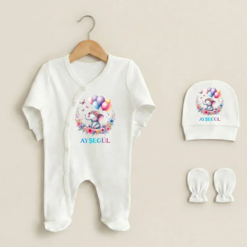 Sevimli Fil Desenli 3lu Bebek Tulumu
