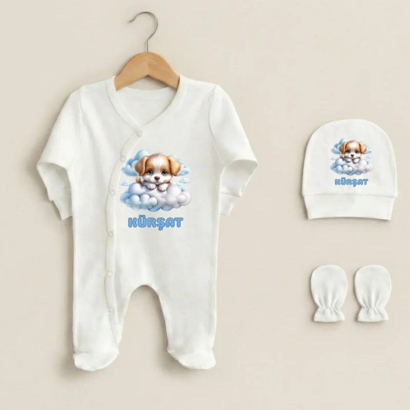 Sevimli Kopek ve Bulut Temali Uclu Tulum Set