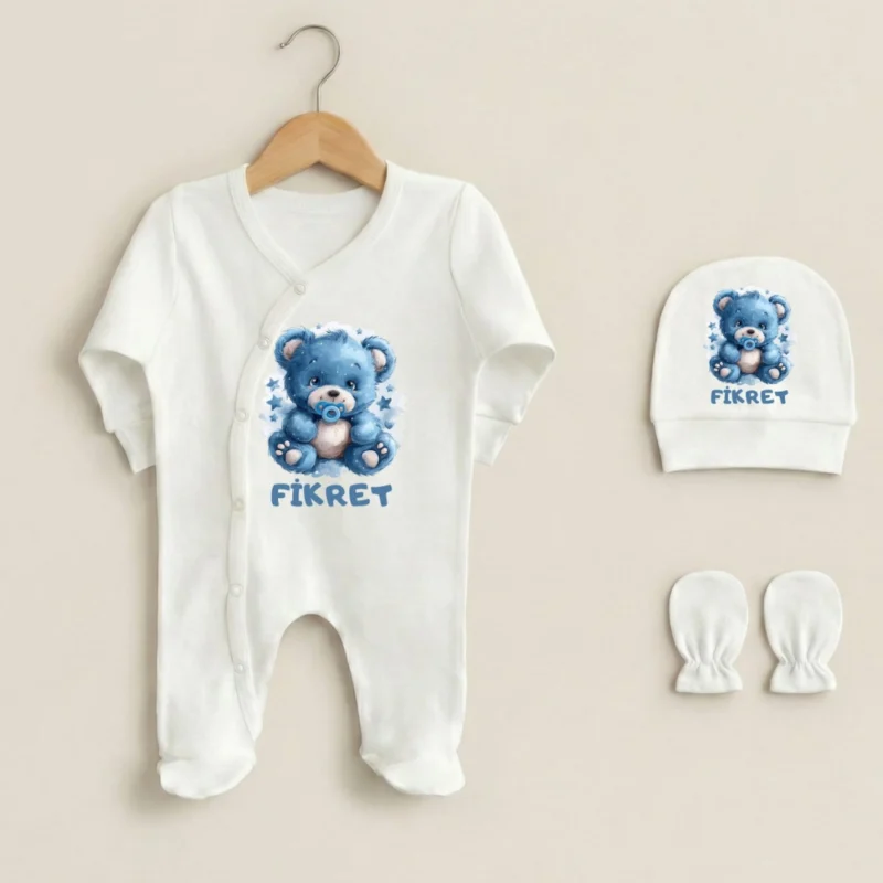 Sevimli Mavi Ayicik Uclu Tulum Set