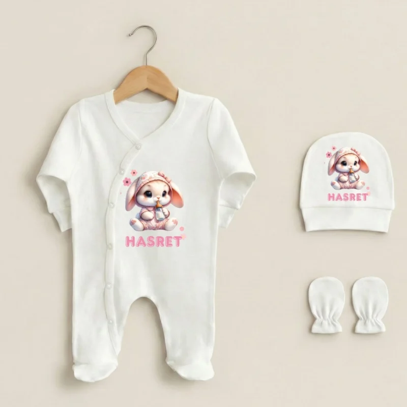 Sevimli Tavsancik Desenli 3lu Bebek Tulumu