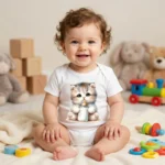 Süt İçen Kedicik Baskılı Bebek Zıbın Çıtçıtlı Body
