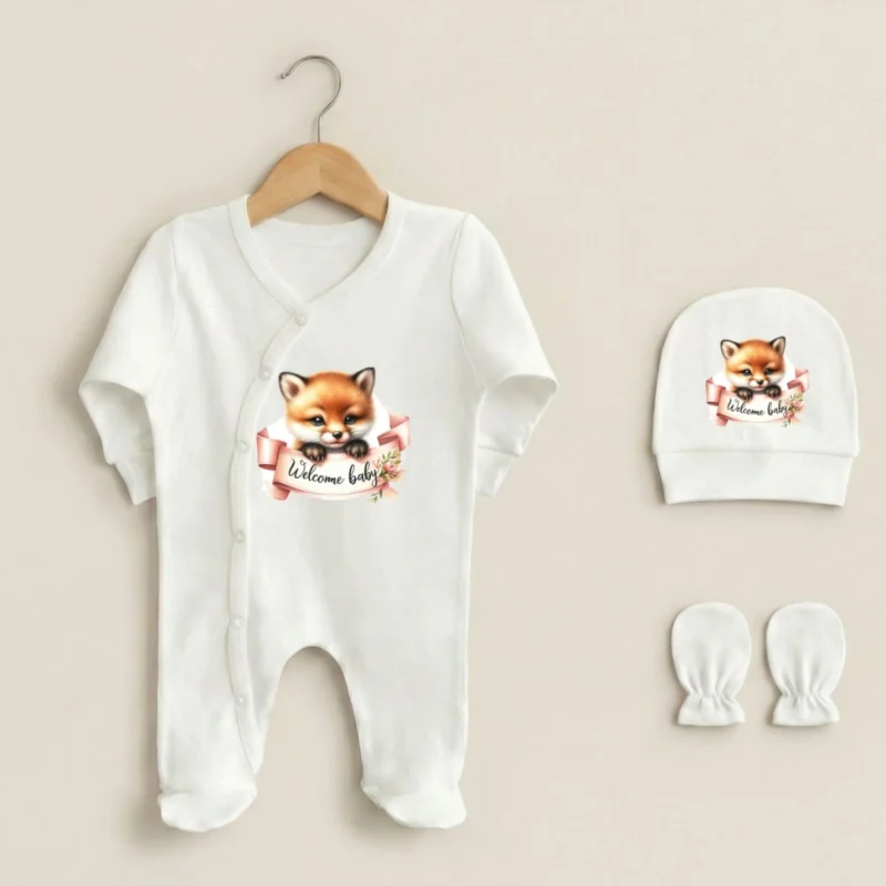 Welcome Baby Tilki Baskili 3lu Bebek Tulumu