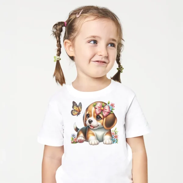 Beagle Yavru Kopek Kelebek Baskili Bebek Tisortu – Cicekli Fiyonklu Sevimli Puppy Desenli Kiz Cocuk T Shirt