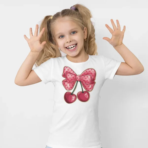 Cherry Bow Kiz Cocuk Tisort – Pembe Fiyonklu Kiraz Baskili Beyaz T Shirt