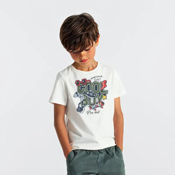 Cool Boy Erkek Cocuk Tisort – Oyun Konsolu Kaykay Play Hard Yazili Baskili Beyaz T Shirt