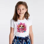 Kız Çocuk Fiyonklu Köpek Baskılı Tişört