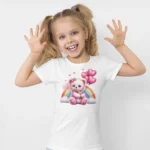 Pembe Ayıcık Gökkuşağı Baskılı Kız Çocuk Tişörtü