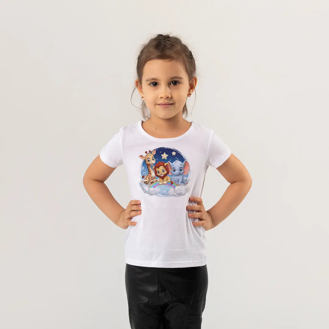 Safari-Hayvanlar-Kiz-Cocuk-Tisort-–-Zurafa-Aslan-Fil-Gokkusakli-Bulut-Baskili-Beyaz-T-Shirt.webp Safari Hayvanlar Kız Çocuk Tişört - Görsel 1