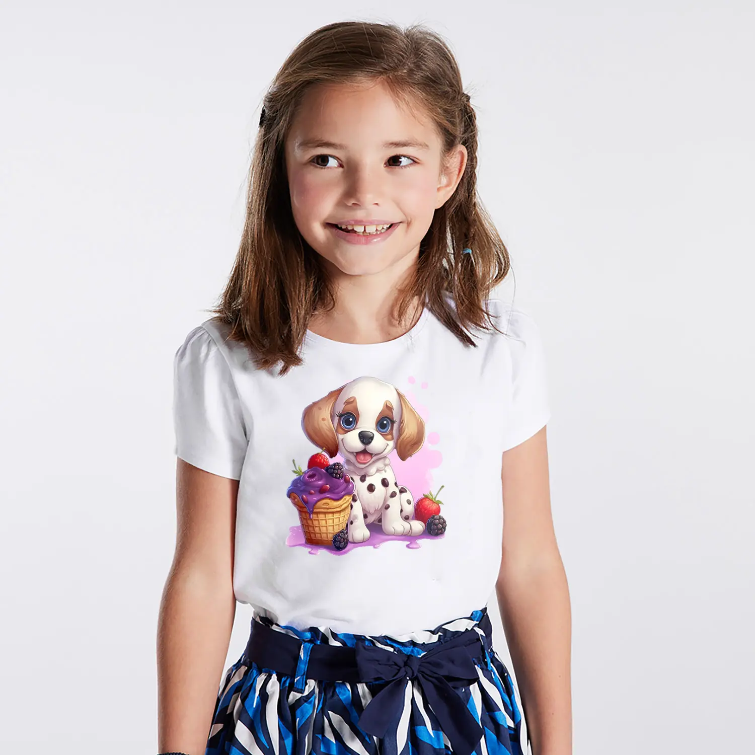 Dondurmalı Sevimli Benekli Yavru Köpek Figürlü Baskılı Kız Çocuk Tişörtü