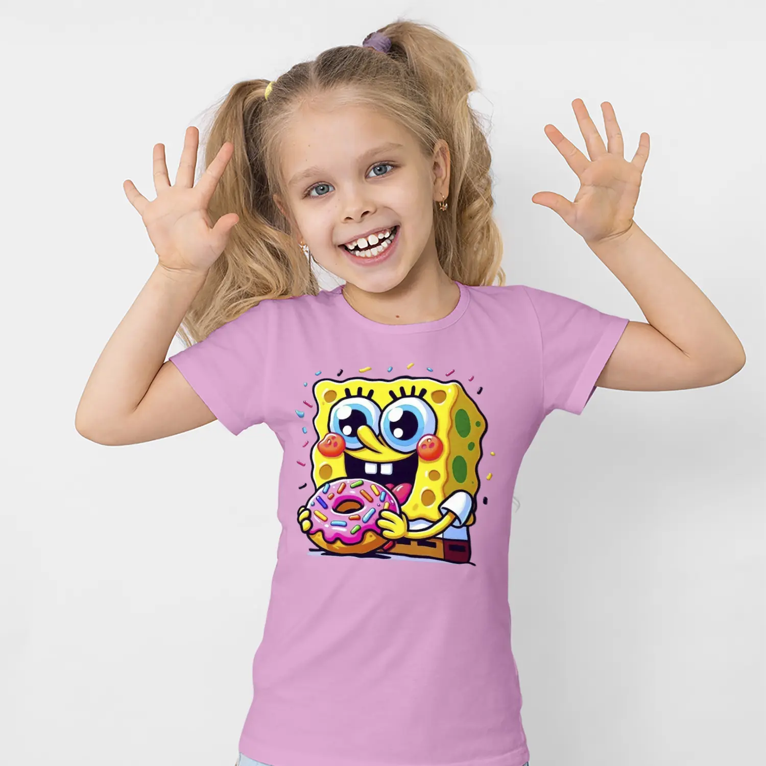Donutlu Sarı Sünger Karikatür Figürlü Baskılı Kız Çocuk Tişörtü