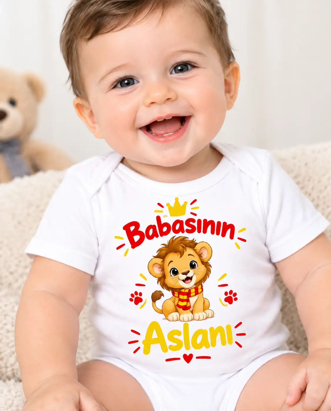 Babasının Aslanı Yazılı Atkılı Aslan Yavrusu Desenli Baskılı Zıbın